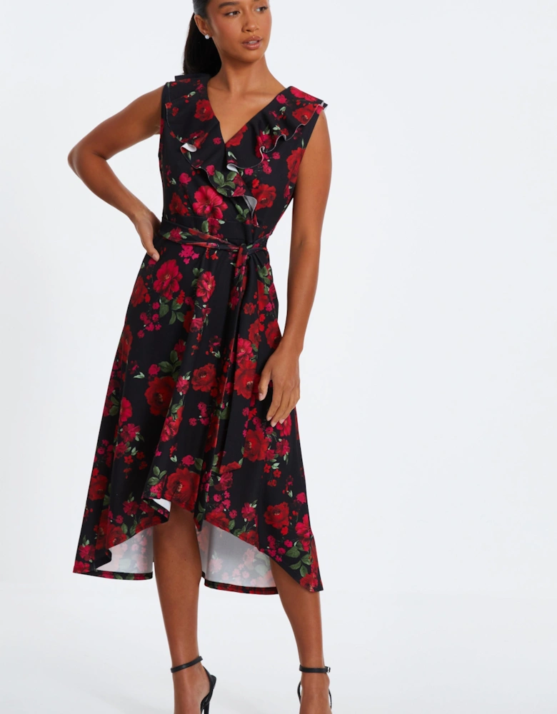 Black Petite Floral Dip Hem Midi Dress