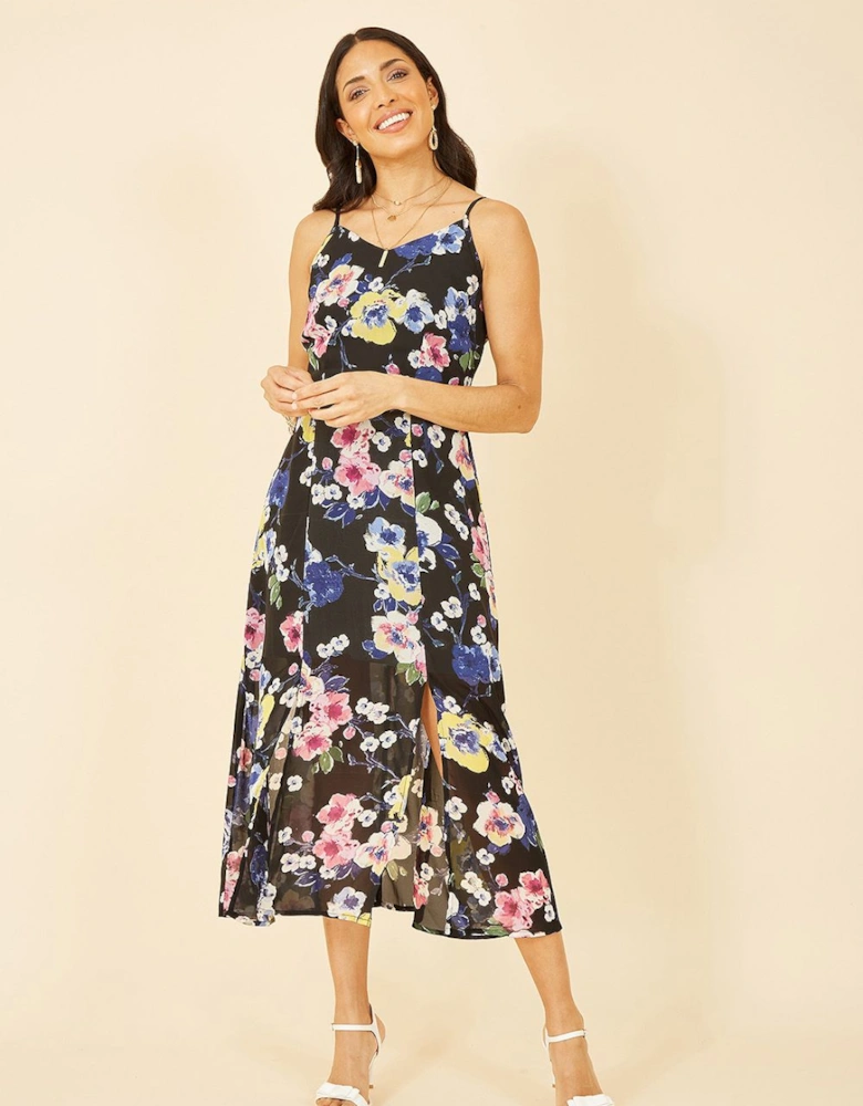 Black Floral Strappy Midi Dress With Split Hem