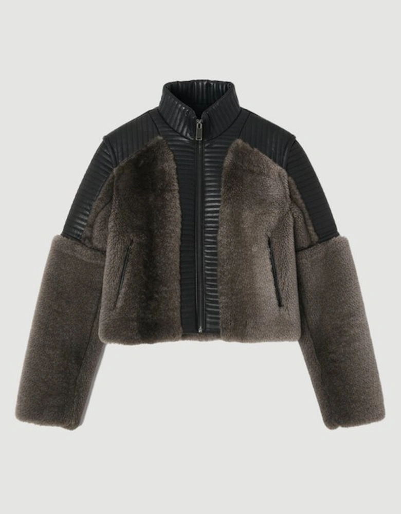 Faux Fur & Faux Leather Panelled Biker Short Coat