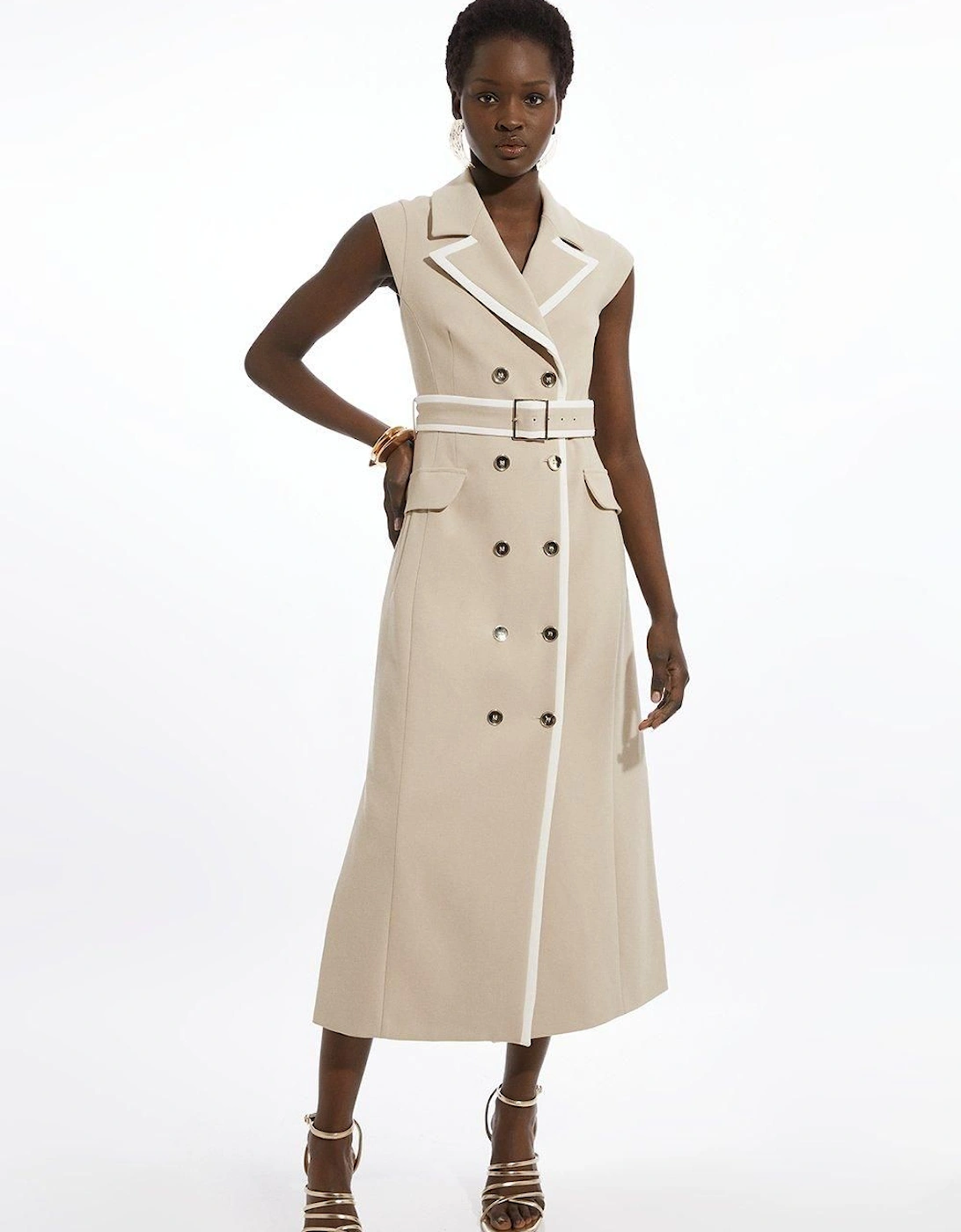 Compact Stretch Double Breasted Belted Tipped Tailored Midi Dress, 2 of 1