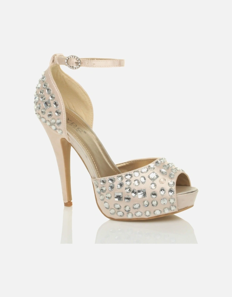 High  Heel Gem Ankle Strap Peep Toe Satin 2 Part Heels