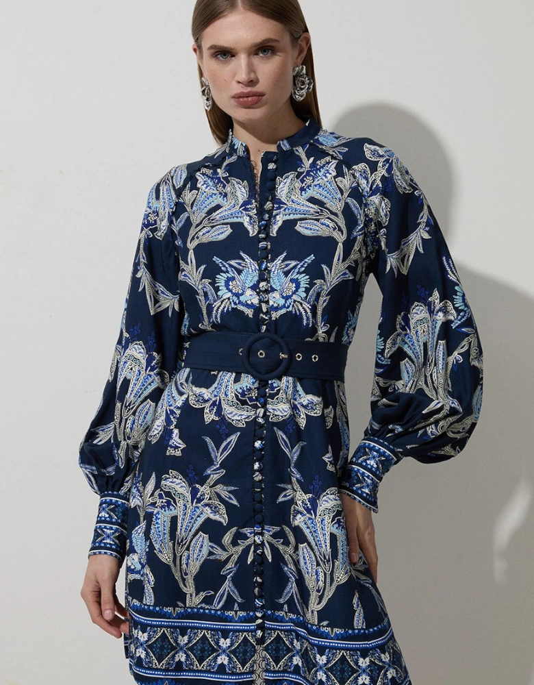 Viscose Linen Mirrored Floral Woven Mini Dress With Raffia Belt