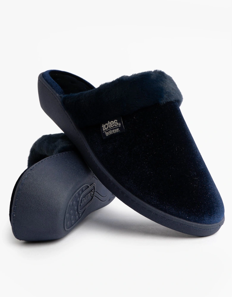 Isotoner SPARKLE VELOUR HEELED MULE Womens Mule Slippers Navy