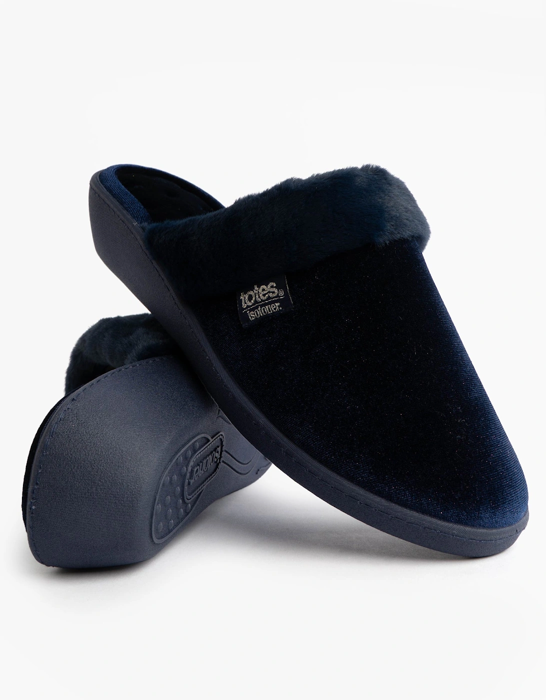 Isotoner SPARKLE VELOUR HEELED MULE Womens Mule Slippers Navy