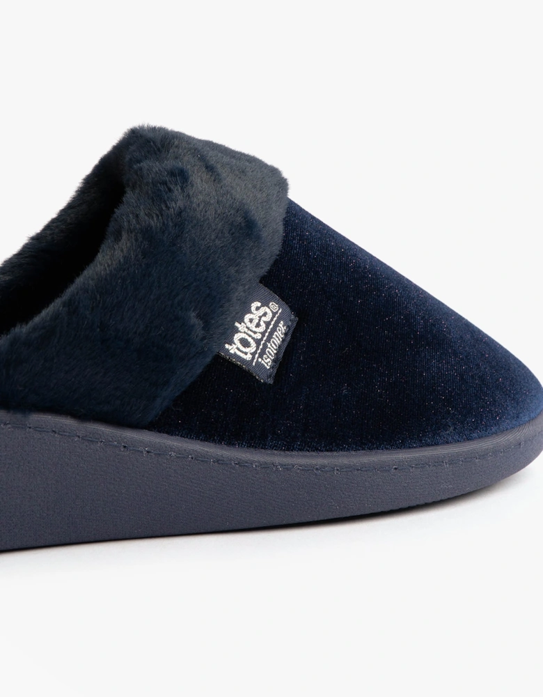 Isotoner SPARKLE VELOUR HEELED MULE Womens Mule Slippers Navy