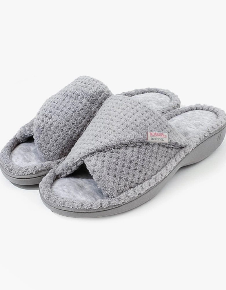 Isotoner POPCORN TURNOVER OPEN TOE Womens Mule Slippers Pale Grey