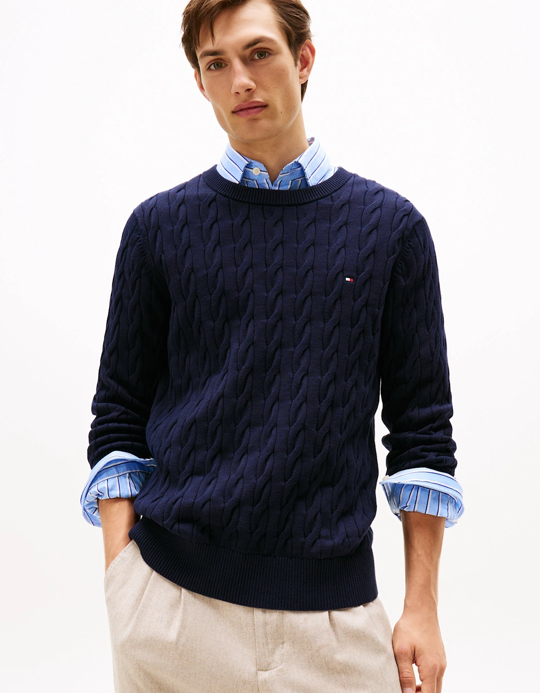 Tommy Hilfiger Men's Blue/Black Classic Cable Crew Jumper - Desert Sky - Size: 38