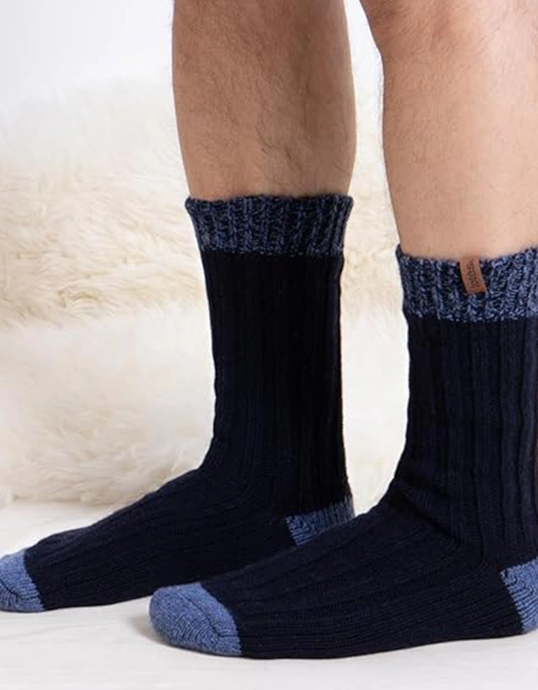 CHUNKY TWIST WOOL BLEND BOOT SOCKS (TWIN PACK) Mens Navy / Grey