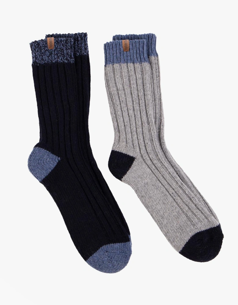 CHUNKY TWIST WOOL BLEND BOOT SOCKS (TWIN PACK) Mens Navy / Grey