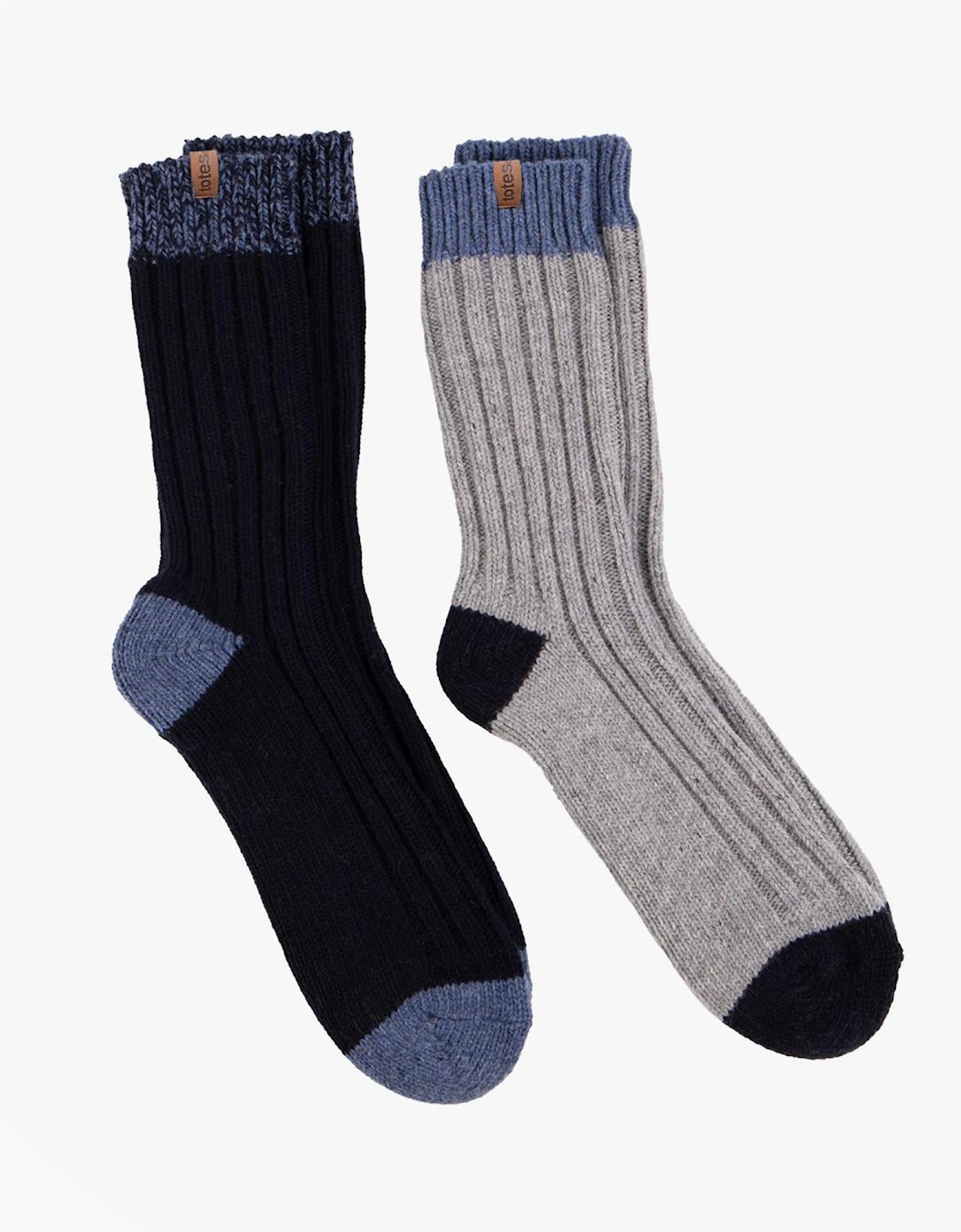 Men's Totes Toasties 3281J CHUNKY TWIST WOOL BLEND BOOT SOCKS (TWIN PACK) Mens Thermal Socks Navy / Grey - Multi - Size: 2.5/3/3.5/4/12.5/12/11.5/10.5