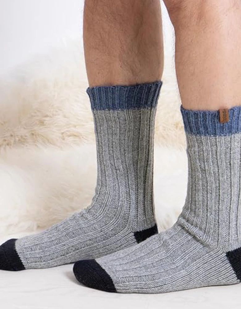 CHUNKY TWIST WOOL BLEND BOOT SOCKS (TWIN PACK) Mens Navy / Grey