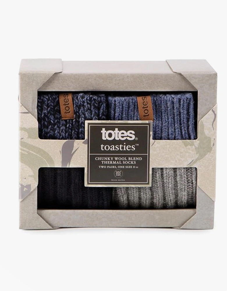 CHUNKY TWIST WOOL BLEND BOOT SOCKS (TWIN PACK) Mens Navy / Grey