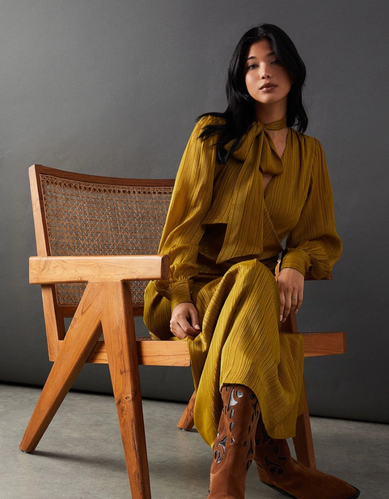 Metallic Shadow Stripe Tie Neck Button Side Wrap Midi Dress
