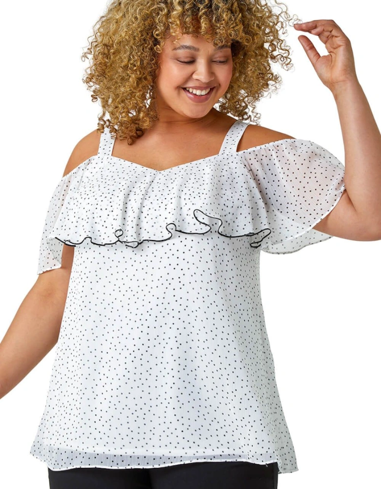 Curve Polka Dot Cold Shoulder Chiffon Top