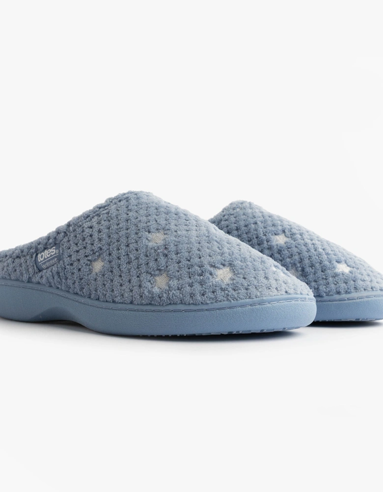 Isotoner POPCORN TERRY Womens Mule Slippers Iris Blue Star