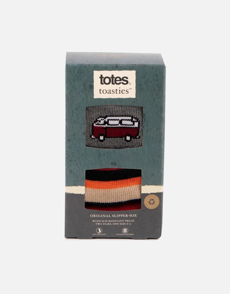 Toasties ORIGINAL SLIPPER SOCKS (TWIN PACK) Mens Socks Campervan / Stripe