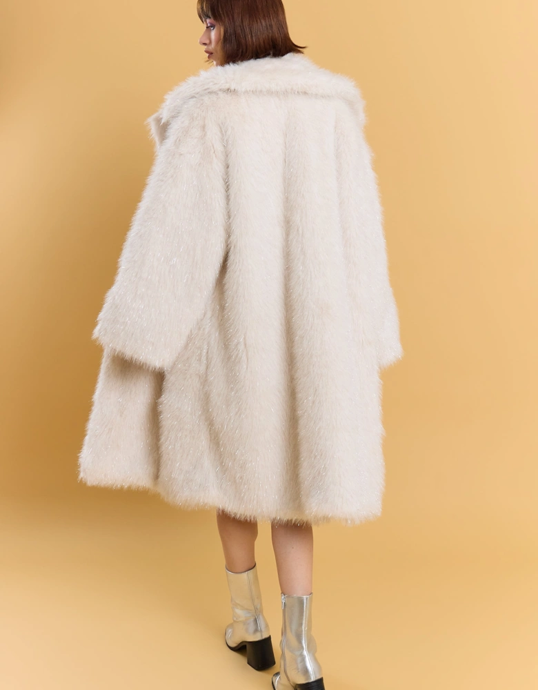 White Bamboo Metallic Faux Fur Maxi Coat