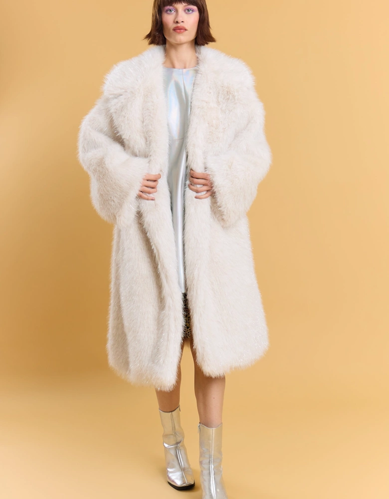 White Bamboo Metallic Faux Fur Maxi Coat