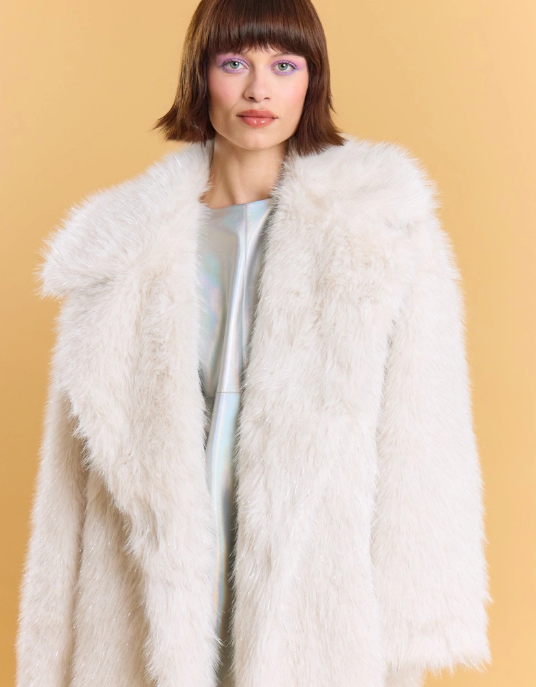 White Bamboo Metallic Faux Fur Maxi Coat