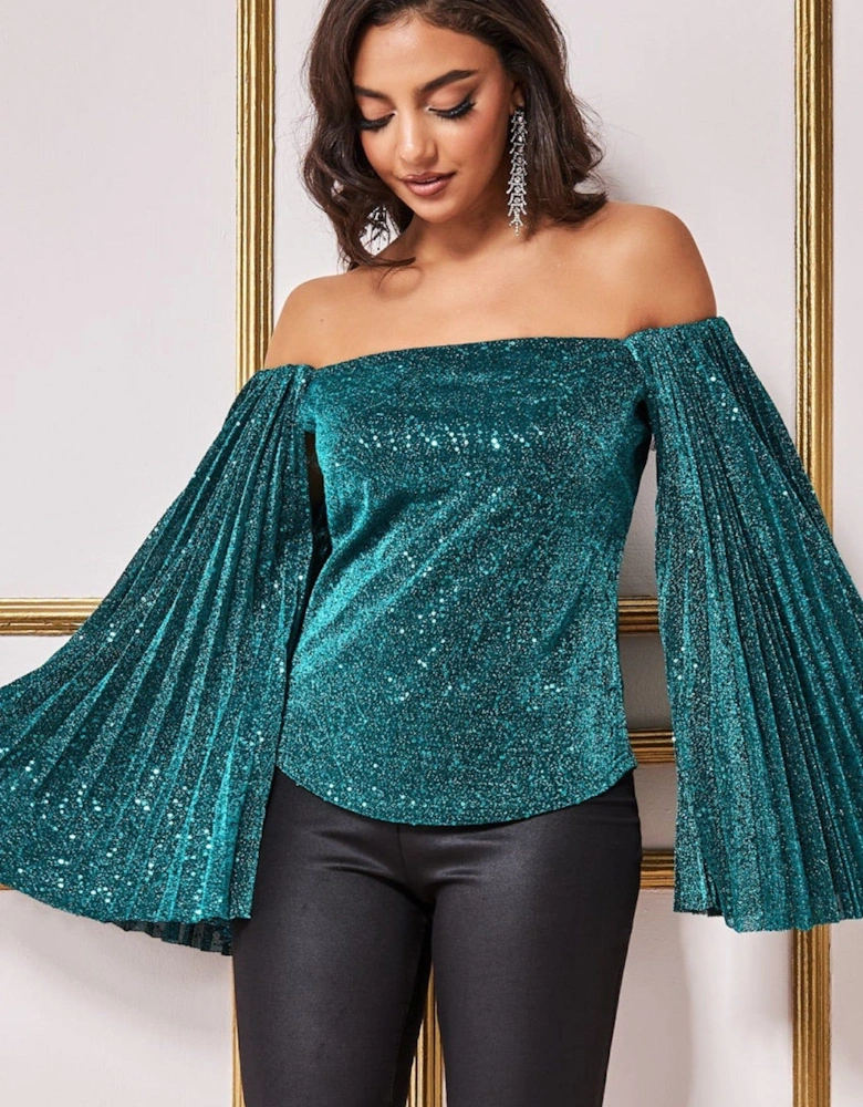 Sequin Sparkling Bardot Pleated Sleeve Top
