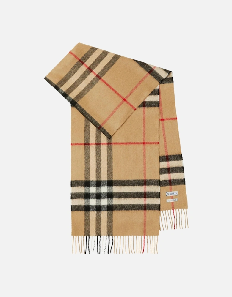 Giant Check Fringed Cashmere Scarf in Beige
