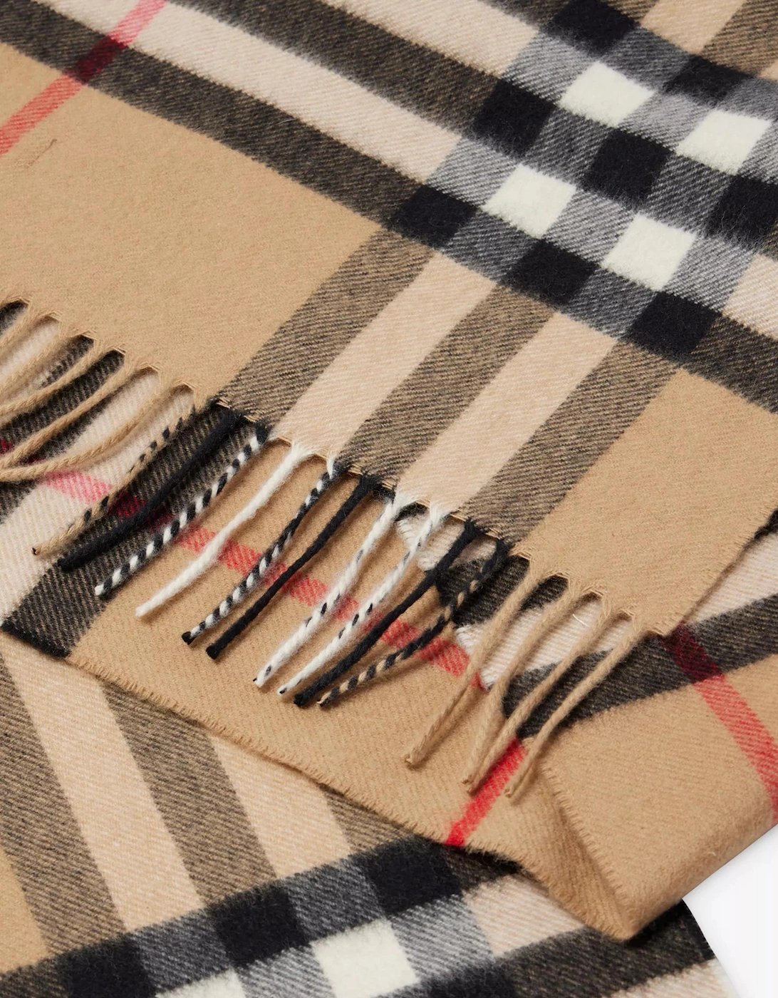 Giant Check Fringed Cashmere Scarf in Beige