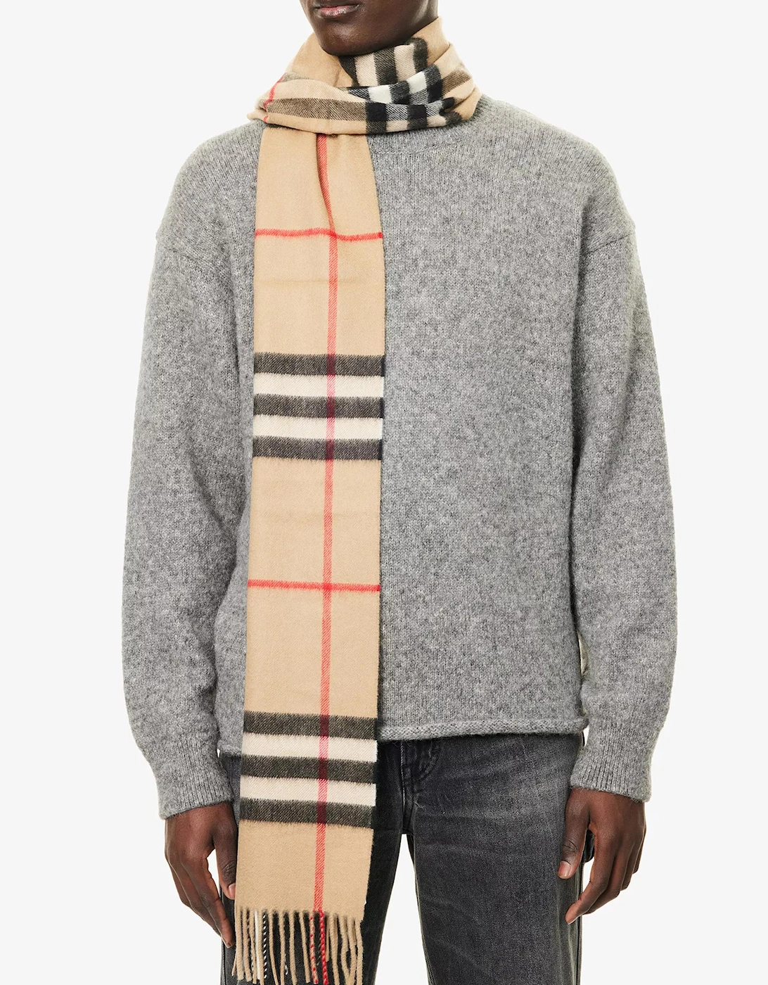 Giant Check Fringed Cashmere Scarf in Beige
