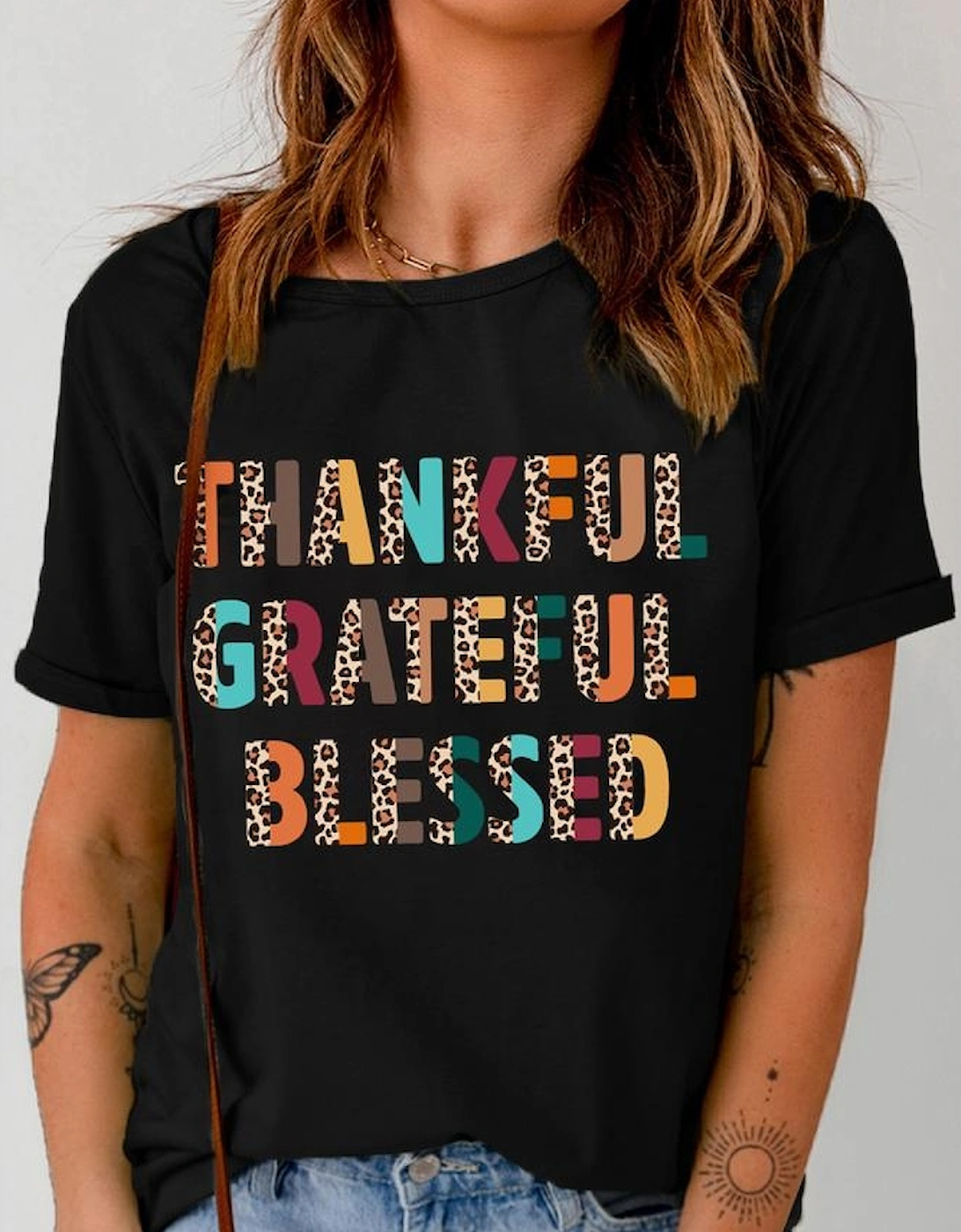 Black Thankful Grateful Blessed Leopard Print Crewneck T Shirt