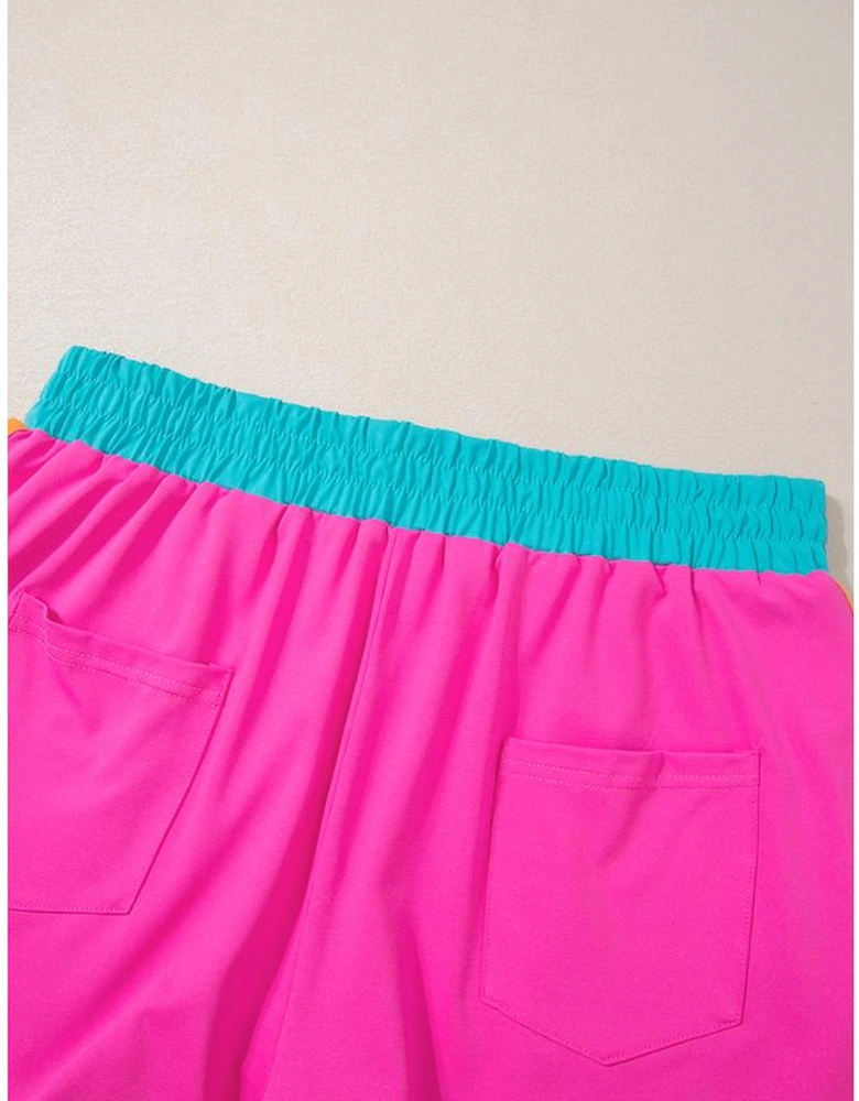 Rose Red Contrast Trim Cap Sleeve Tee Shorts Set