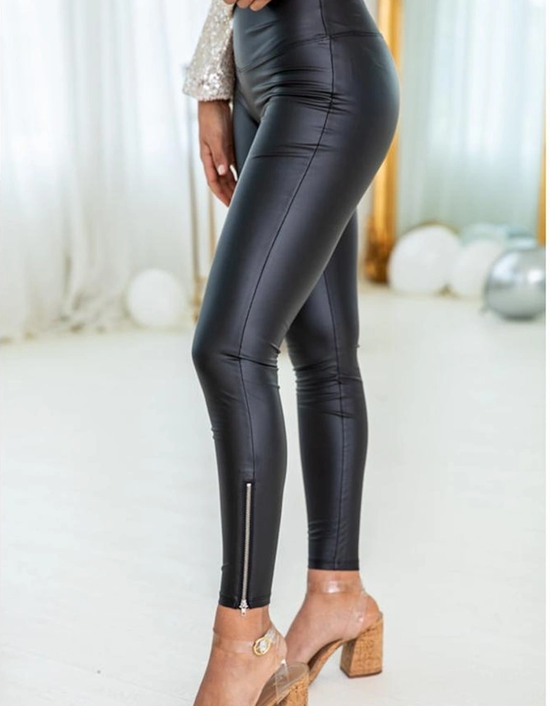 Black Faux Leather Zipped Detail Leggings