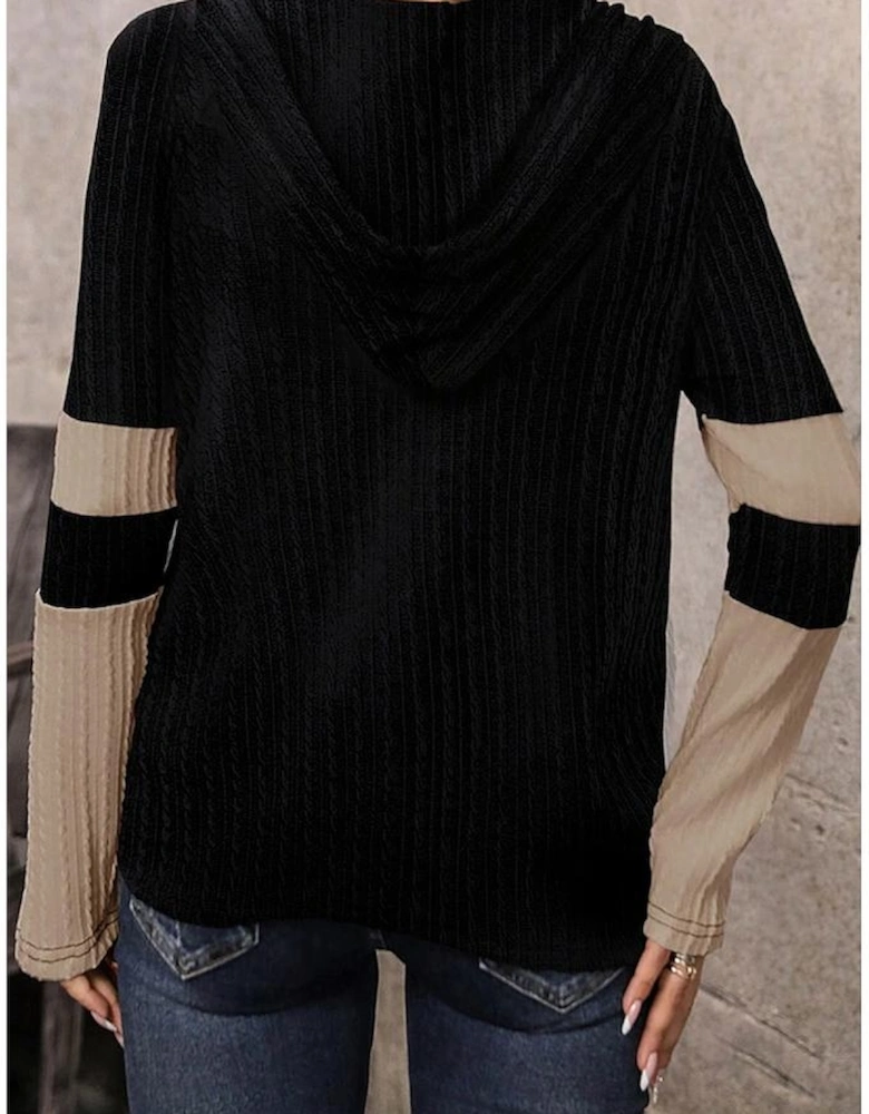 Parchment Textured Colorblock Long Sleeve Quarter Zip Drawstring Hooded Top