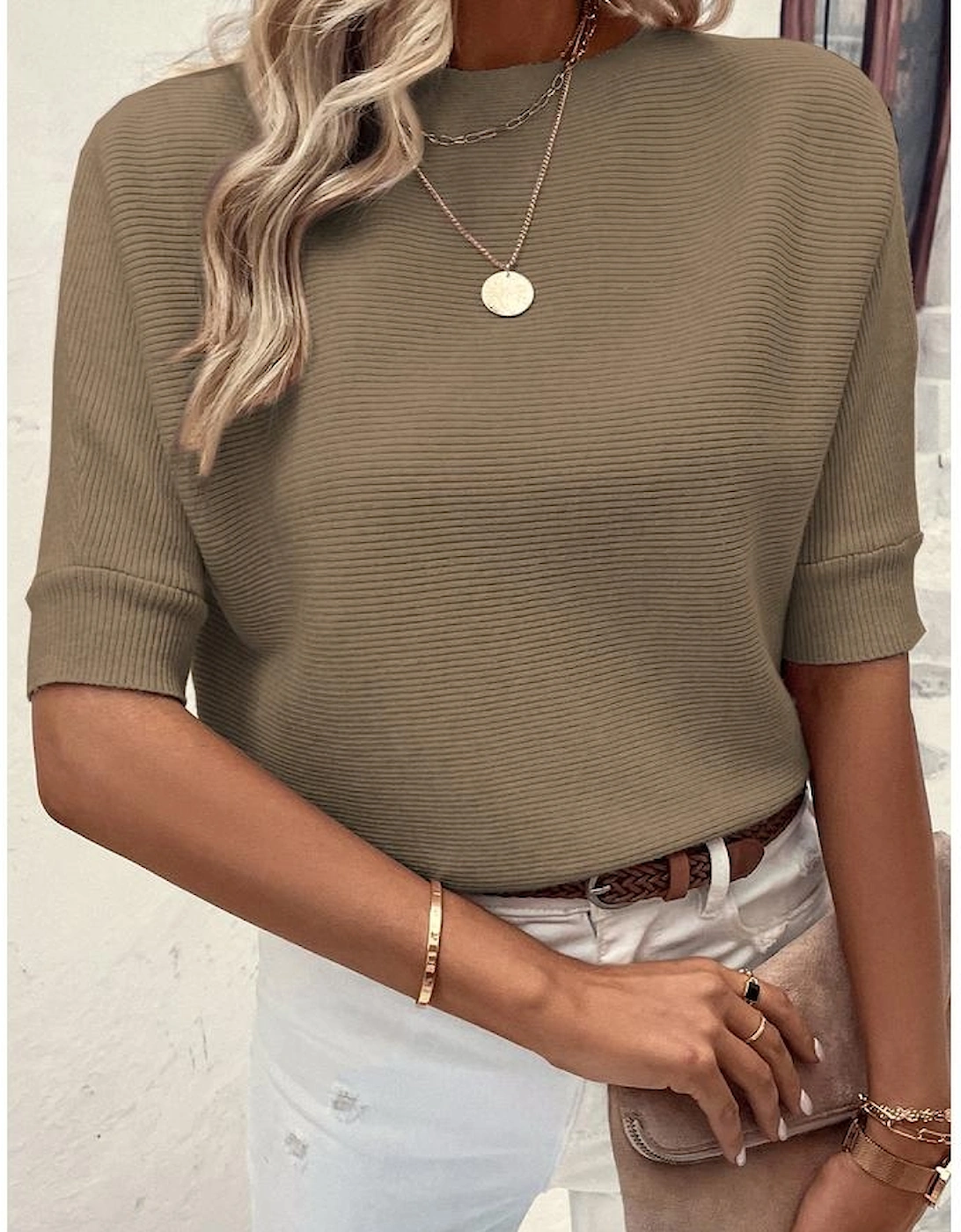 Coffee Round Neck Half Sleeve Ribbed Knit Top, 12 of 11