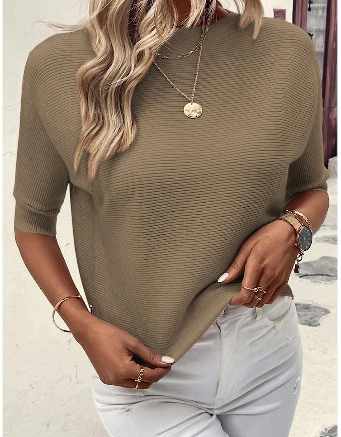 Coffee Round Neck Half Sleeve Ribbed Knit Top