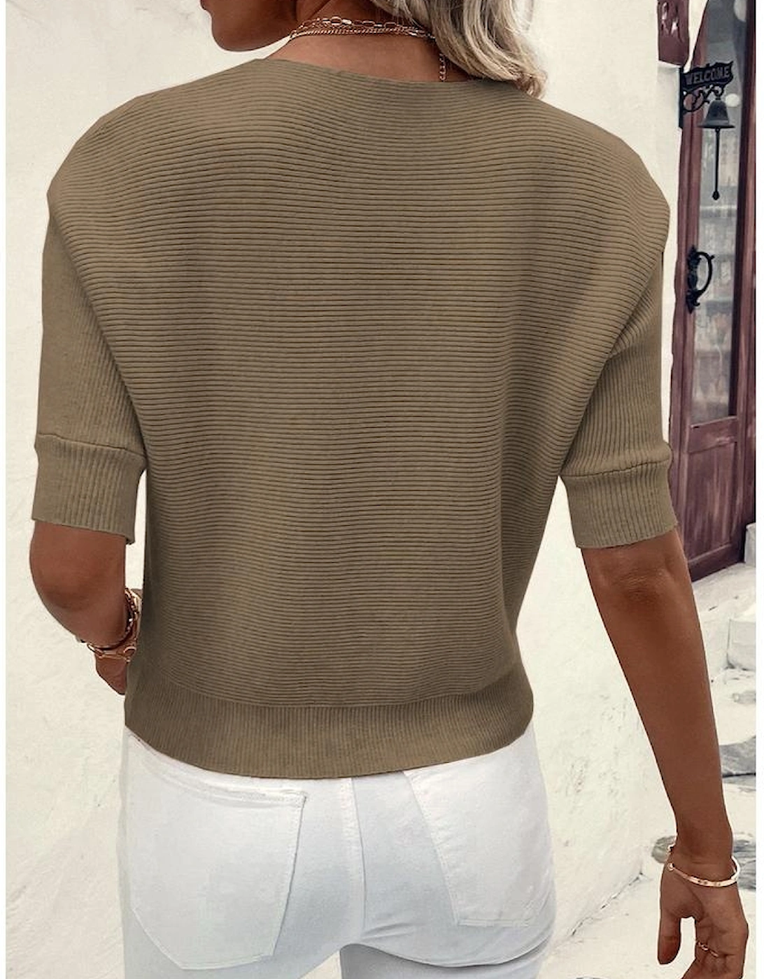 Coffee Round Neck Half Sleeve Ribbed Knit Top