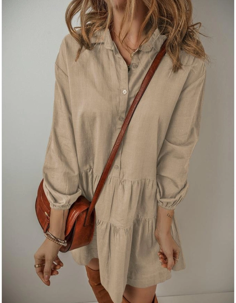 Tan Puff Sleeve Buttoned Tiered Pleated Shirt Mini Dress