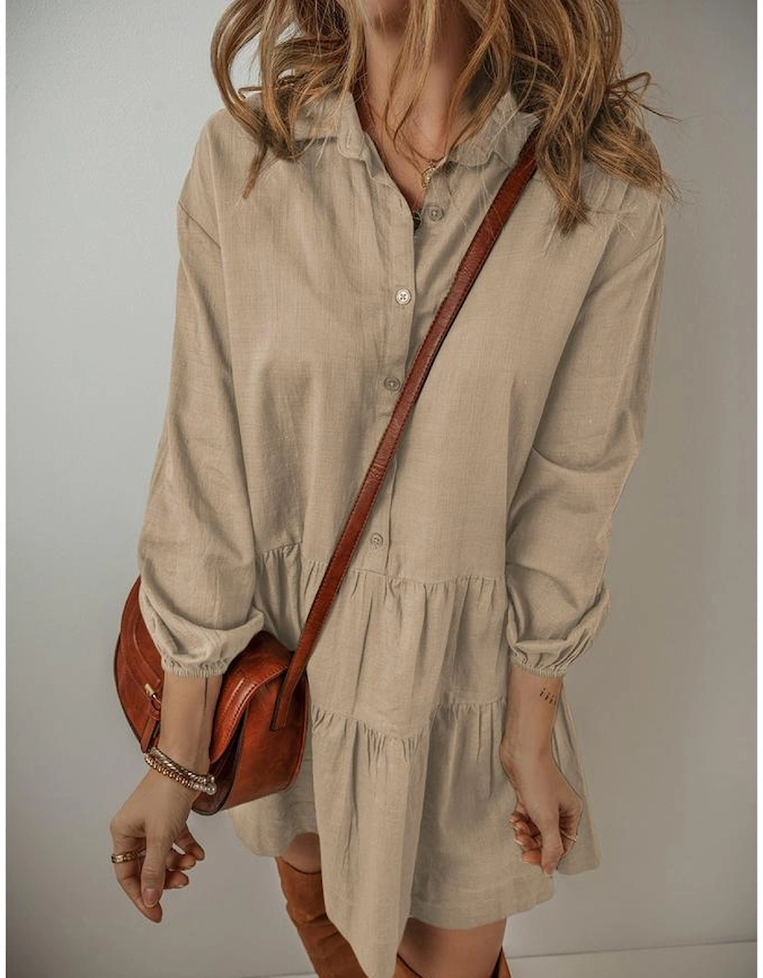 Tan Puff Sleeve Buttoned Tiered Pleated Shirt Mini Dress, 13 of 12