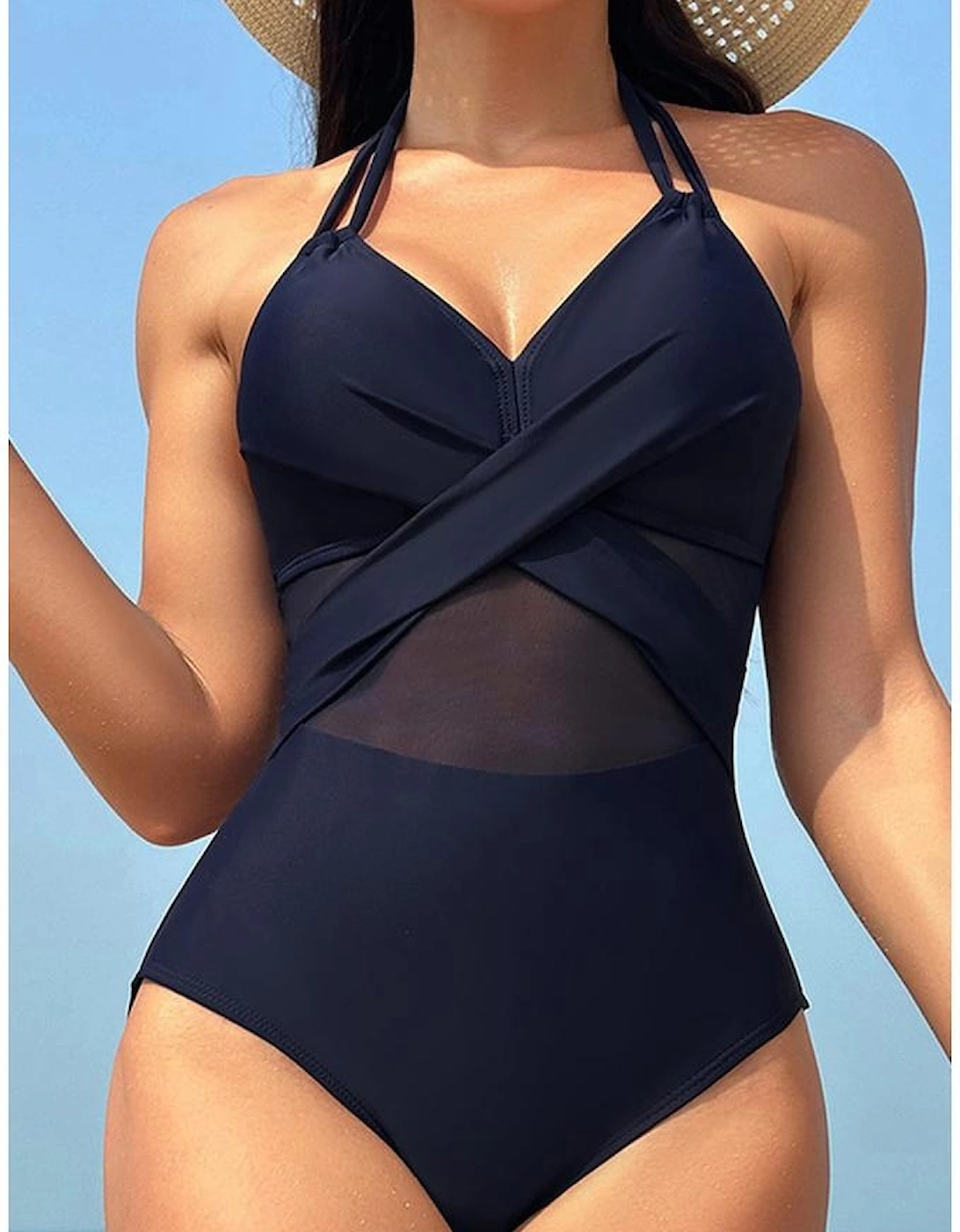 Navy Blue Halter Mesh Insert Cross Front One-Piece Swimsuit, 5 of 4