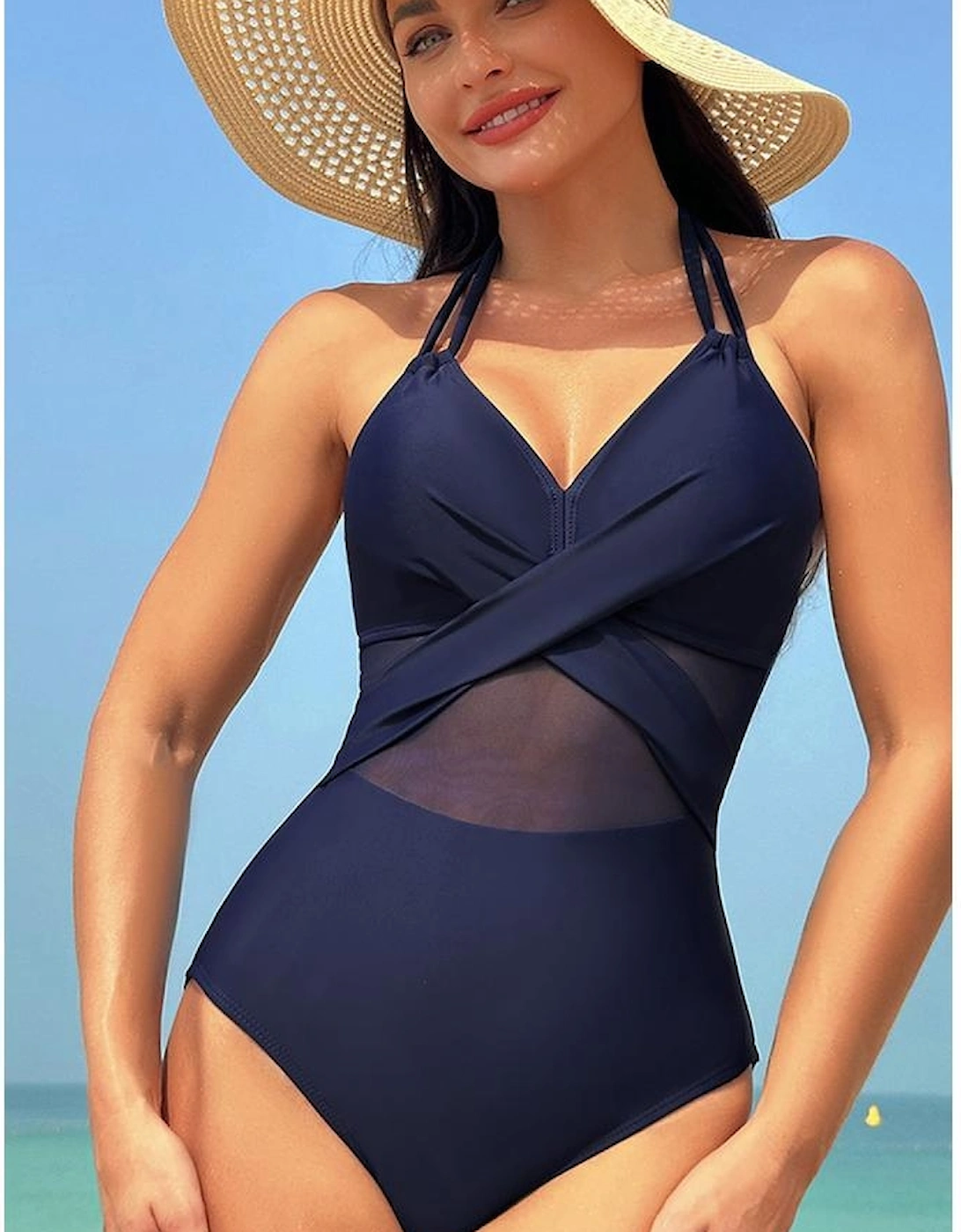 Navy Blue Halter Mesh Insert Cross Front One-Piece Swimsuit