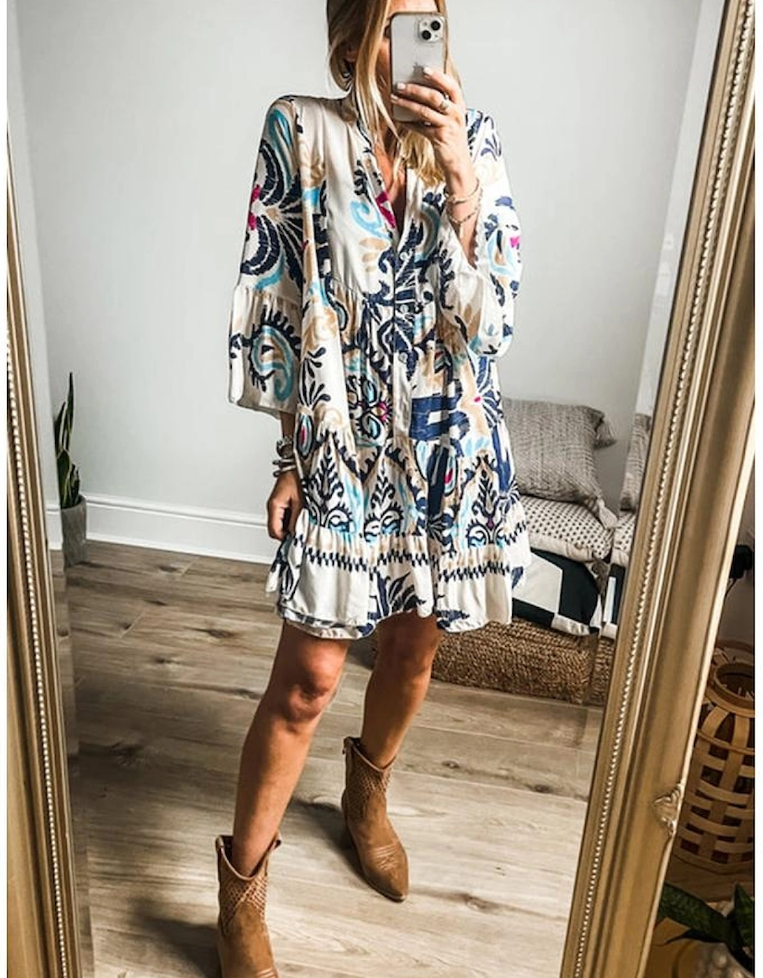 White Printed Tribal Print Bracelet Sleeve Buttoned Mini Dress