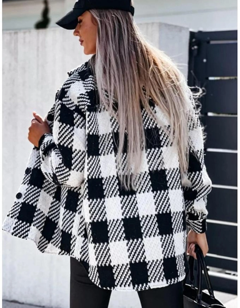 Black Plaid Textured Flap Pocket Shacket