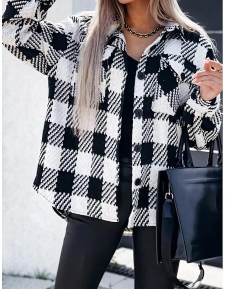Black Plaid Textured Flap Pocket Shacket