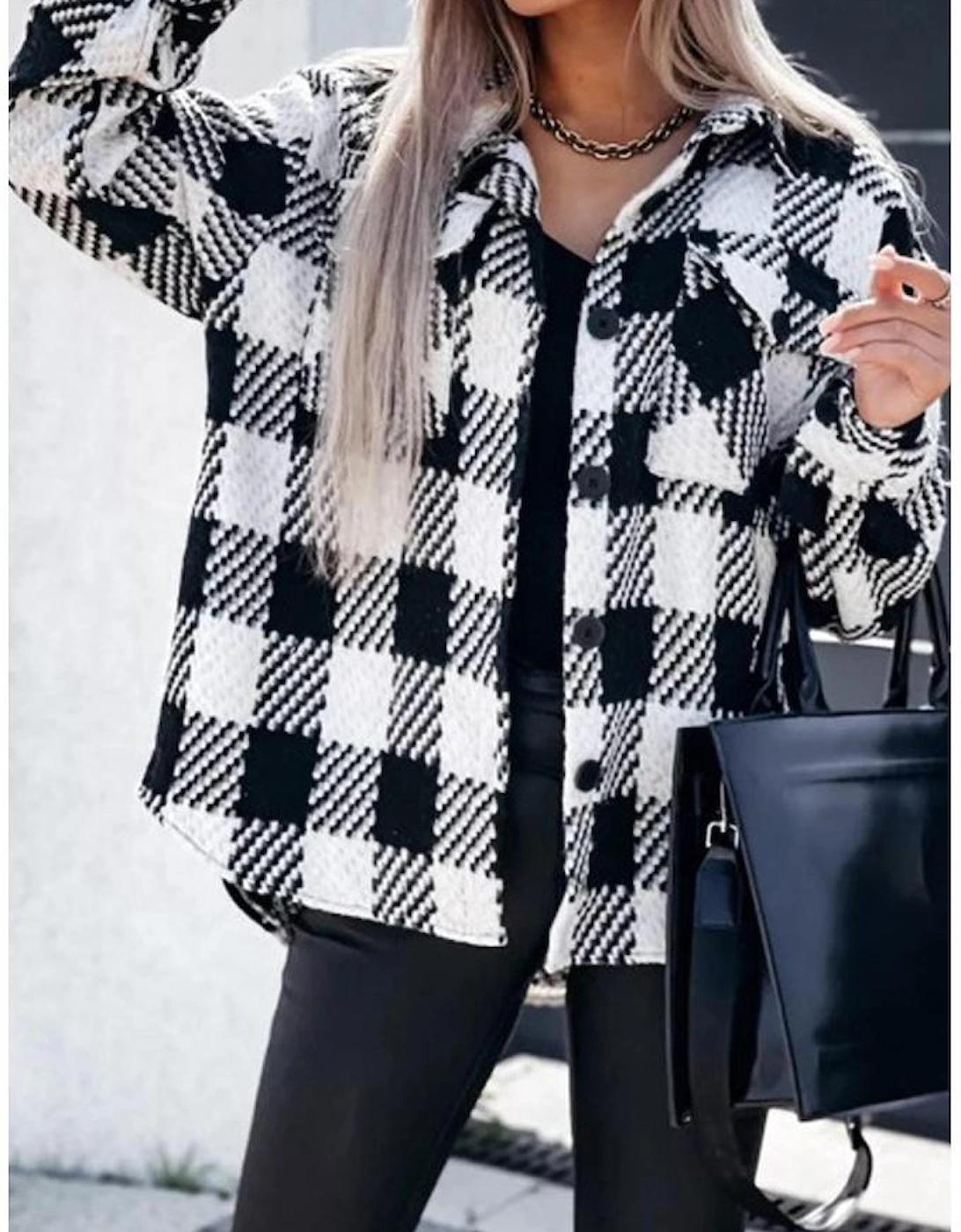 Black Plaid Textured Flap Pocket Shacket