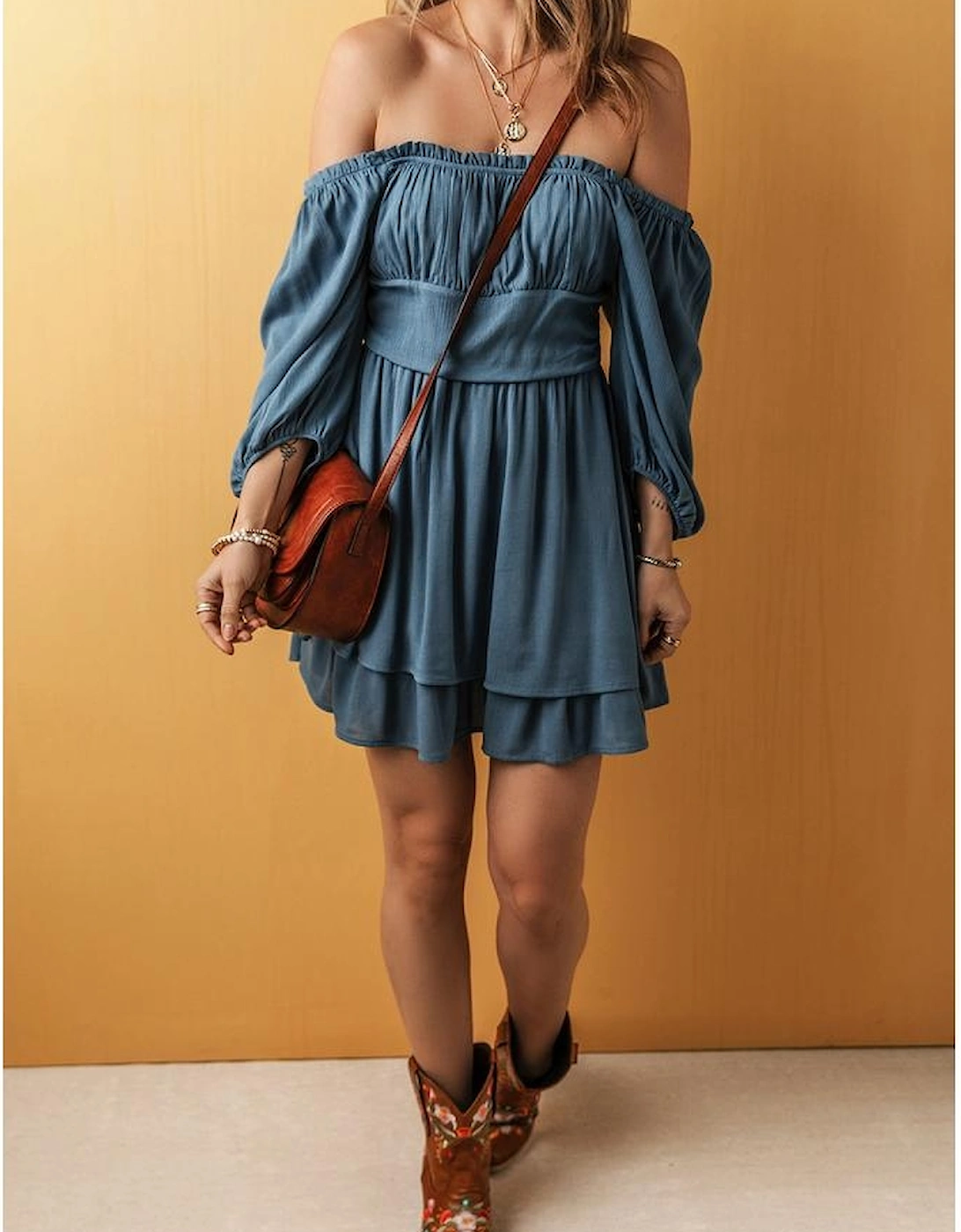 Real Teal Frilled Neckline 3/4 Sleeve Layered Ruched Mini Dress, 16 of 15