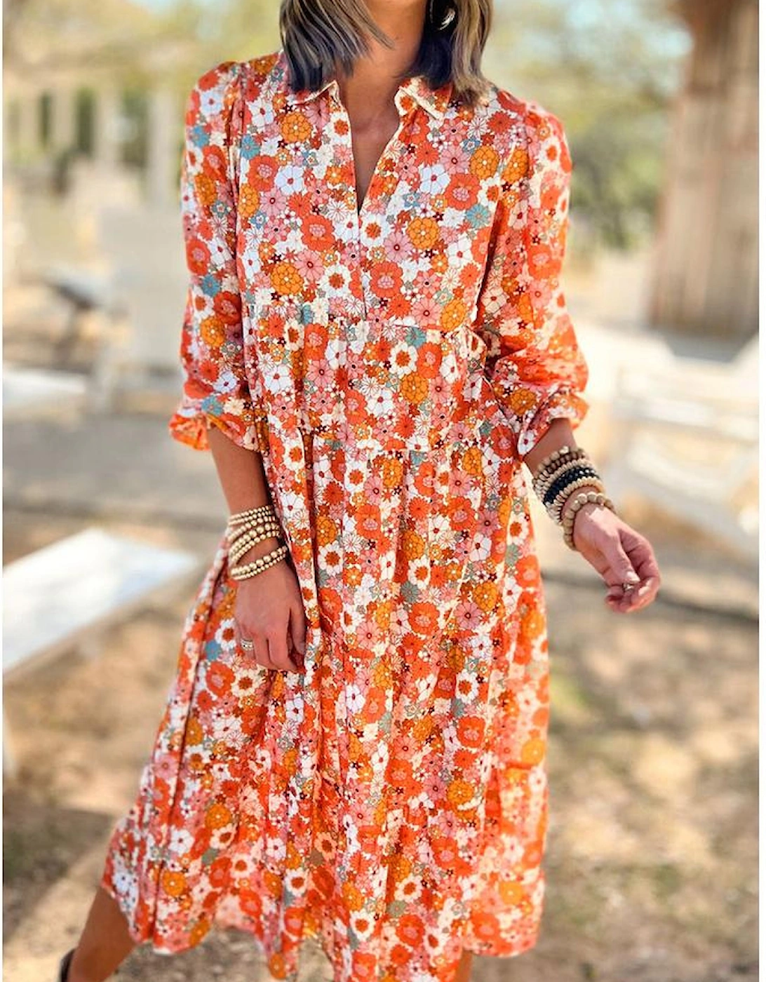 Multicolor Boho Floral Collared Long Sleeve Ruffled Dress, 5 of 4