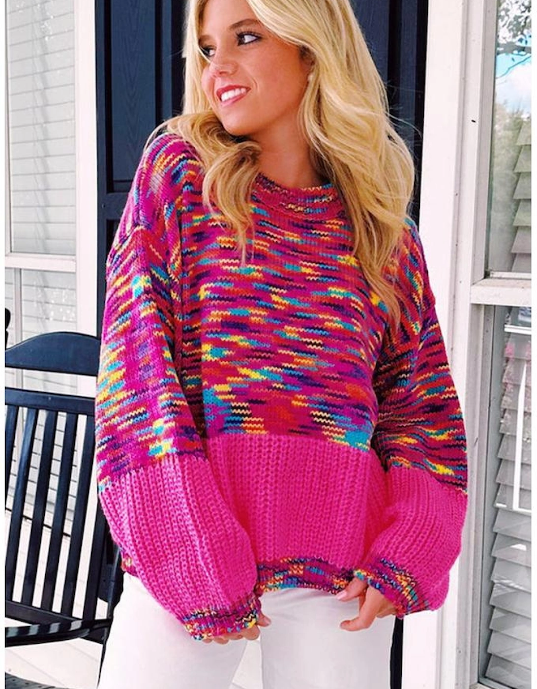 Bright Pink Rainbow Confetti Drop Shoulder Sweater, 4 of 3
