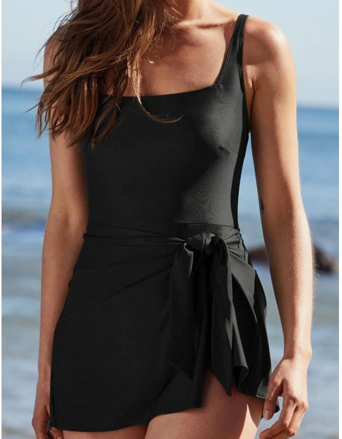 Black Side Tied Waist Square Neck Adjustable Straps A-line One Piece Swim Dress, 13 of 12