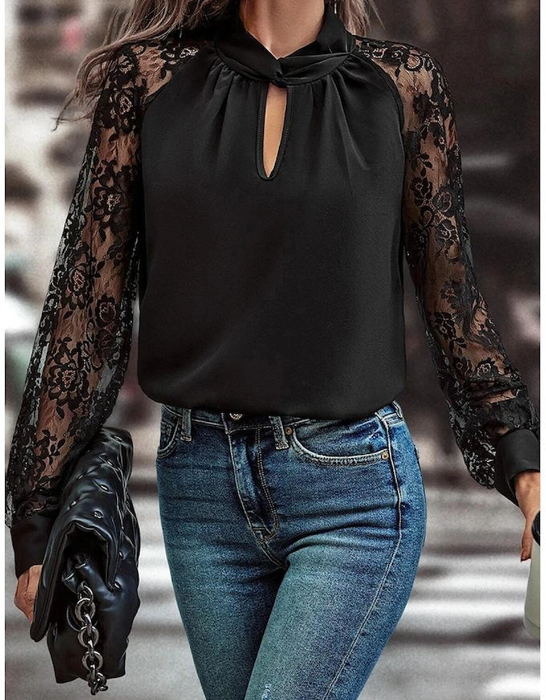Black Keyhole Neckline Floral Lace Raglan Sleeve Blouse