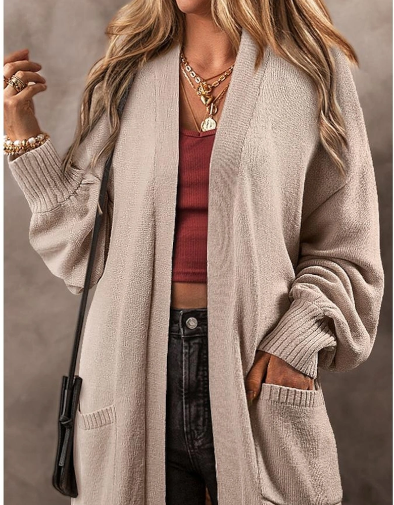 Beige Side Pockets Open Front Long Knitted Cardigan