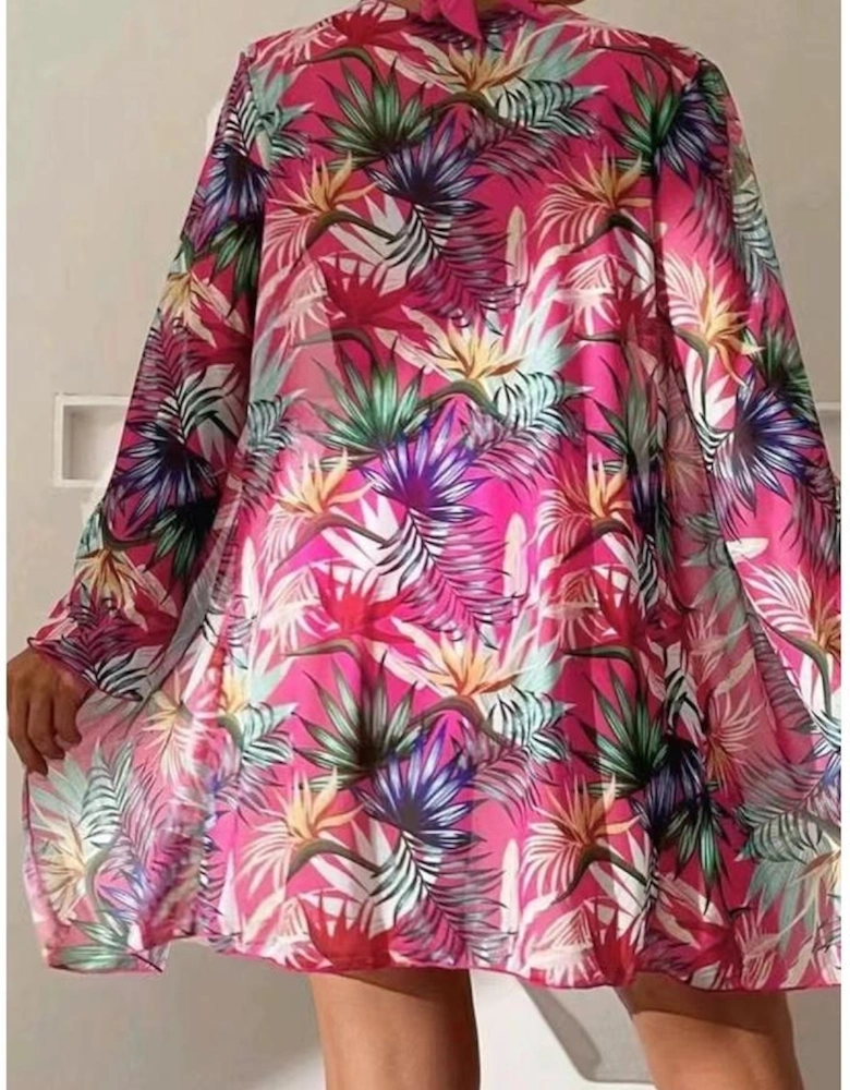 Rose Red 3pcs Tropical Contrast Trim Halter Bikini Set with Cover up