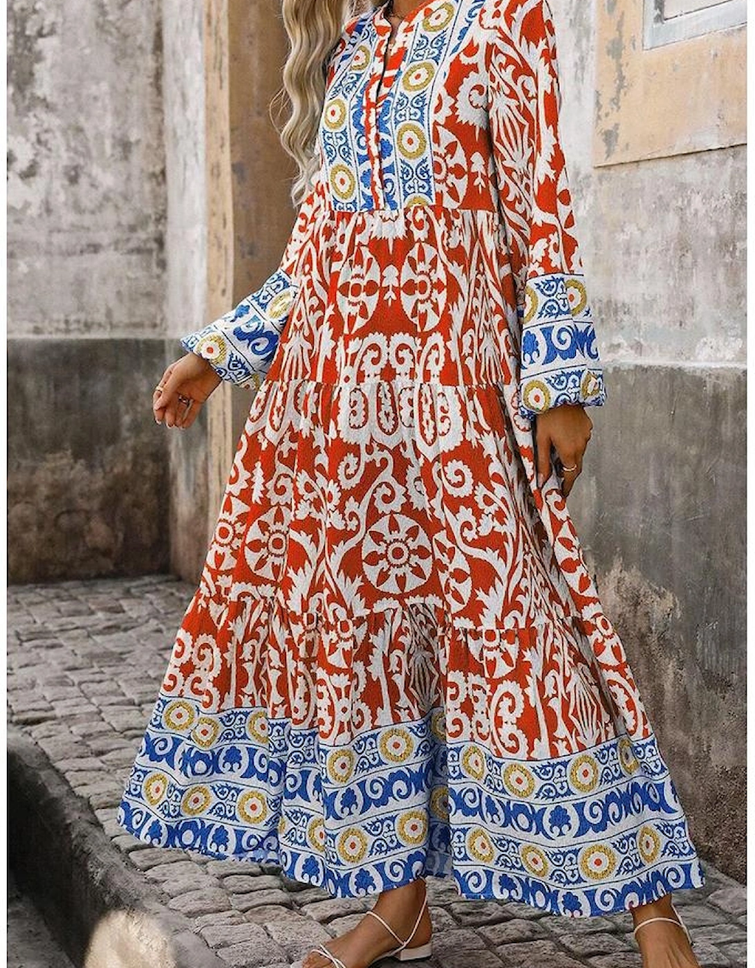Orange Boho Geometric Printed Long Sleeve Maxi Dress
